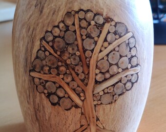 Turned wooden vase with inlaid tree motif