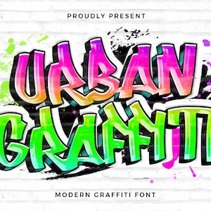 May include: Urban Graffiti font in a colorful, stylized design with a brick wall background. The text is in a bold, graffiti-style font with pink, orange, green, and blue colors.
