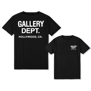 May include: Two black t-shirts. The larger shirt has the text "GALLERY DEPT. HOLLYWOOD, CA." in white on the back. The smaller shirt has the same text on the front, in a smaller font.