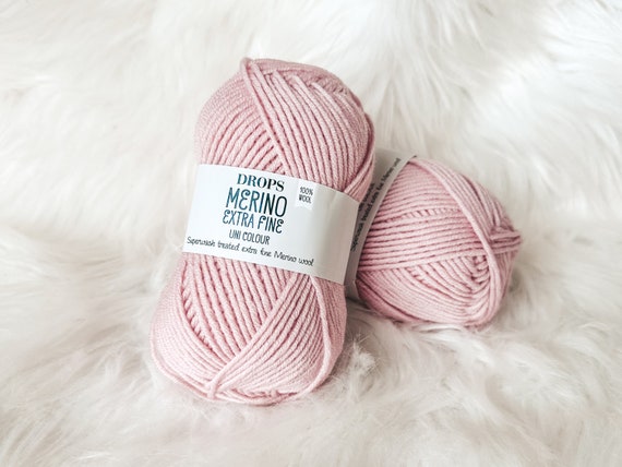 DK Weight Merino Wool Yarn, Rose Knitting and Crocheting Yarn, Drops Merino Extra Fine 40 Powder Pink