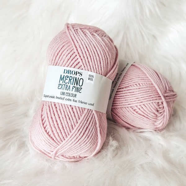 DK Weight Merino Wool Yarn, Rose Knitting and Crocheting Yarn, Drops Merino Extra Fine 40 Powder Pink