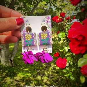 Purple Hungarian Folk Motif Embroidered Earring with Steel and Tassel