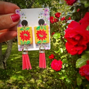 Red-Yellow Hungarian Folk Motif Embroidered Earring with Stainless Steel Plug and Tassel