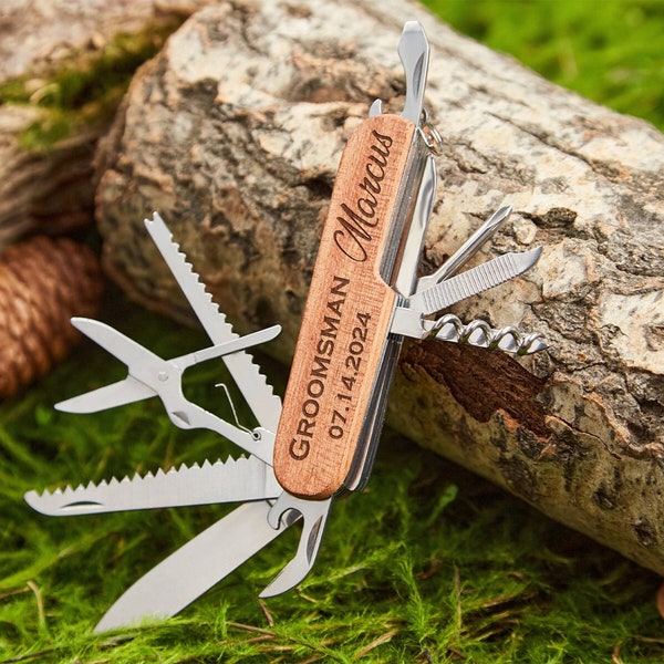 Personalized Swiss Army Knife,Engrave Multi-Tool Knife,Groomsmen Gift,Outdoor Gift for Him,Engraved Knife with Wooden Hand,Father’s Day Gift