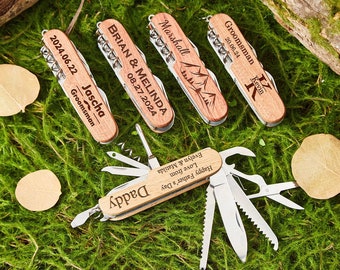 Personalized Swiss Army Knife,Engrave Multi-Tool Knife,Groomsmen Gift,Outdoor Gift for Him,Engraved Knife with Wooden Hand,Father’s Day Gift