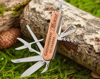 Coltellino svizzero personalizzato, Coltello multiutensile con incisione, Regalo per i testimoni dello sposo, Regalo all'aperto per lui, Coltello inciso con mano in legno, Regalo per la festa del papà