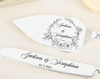 Engraved Cake Cutting Set,Custom Wedding Pastry Cutter Set,Wedding Ceremony Dessert Silverware,Bridal Shower Favors,Wedding Guest Favors