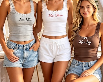 Custom Embroidered Lace Cami Top,Custom Bride Tank Top,Wife of the Party Shirt,Bridal Shower Outfit,Bachelorette Party Gift,Honeymoon Top