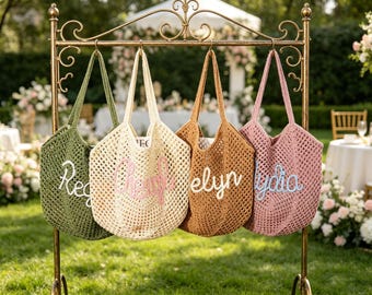 Personalized Crochet Beach Tote Bag, Custom Name Summer Bag, Bridesmaid Gift Tote, Wedding Favor Bag, Boho Travel Beach Bag for Women