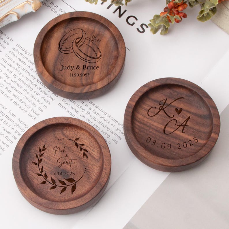 Custom Engraved Walnut Wood Ring Dish, Personalized Name Engagement Ring Dish, Wedding Ring Dish, Customized Gifts For Couple, Ring Holder image 5