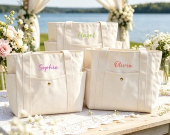Personalized Bridesmaid Tote Bag,Custom Embroidered Canvas Tote,Monogram Beach Bag,Bridal Party Gift,Maid of Honor Gift,Bridal Party Gift