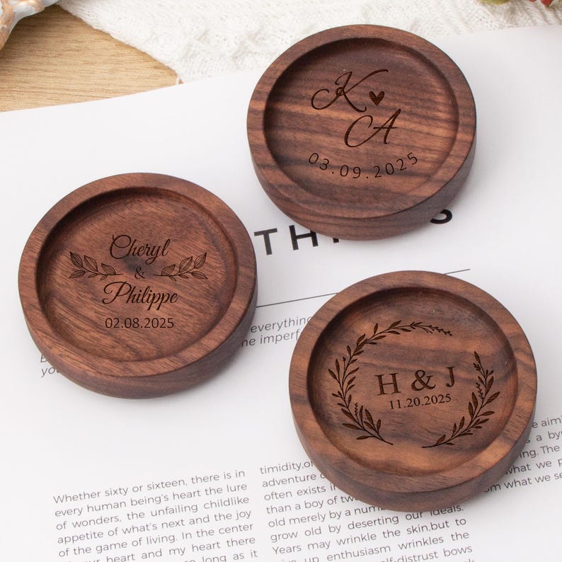 Custom Engraved Walnut Wood Ring Dish, Personalized Name Engagement Ring Dish, Wedding Ring Dish, Customized Gifts For Couple, Ring Holder image 3