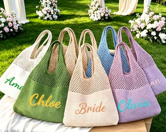 Personalized Embroidered Crochet Beach ToteBag,Custom Name Summer Bag,Bridesmaid Gift Tote,Wedding Favor Bag,Boho Travel Beach Bag for Women