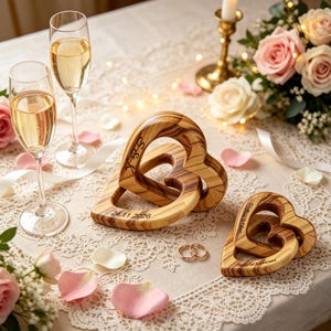 May include: A romantic setting with two champagne flutes, wooden heart ornaments, and gold wedding rings. The wooden hearts are engraved with initials and dates. The scene is decorated with roses and petals, creating a celebratory atmosphere.