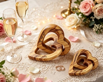 Personalized Olive Wood Heart Gift, Custom Engraved Interlocking Hearts, Romantic Couple Keepsake, Anniversary Wedding Valentine Gift