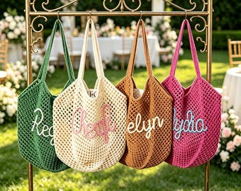 Personalized Crochet Beach Tote Bag, Custom Name Summer Bag, Bridesmaid Gift Tote, Wedding Favor Bag, Boho Travel Beach Bag for Women