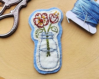 Handmade Hand Stitched Embroidered Flowers in a Mason Jar Patch