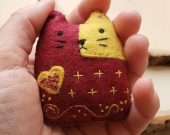 Burgundy and Gold  Love Cat Worry Doll with Lavender Buds