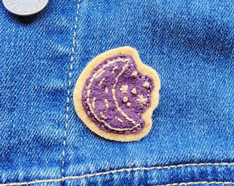 Hand Stitched Embroidered Purple Crescent Moon Patch Pin Brooch