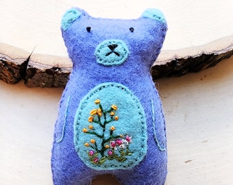 Periwinkle Blue Flower Forest Bear Worry Doll with Lavender Buds