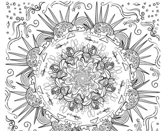 Mushroom Universe Mandala  Downloadable Coloring Page