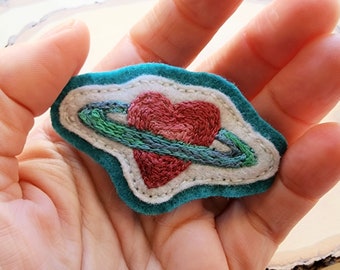 Hand Stitched Space Heart Brooch Patch Pin