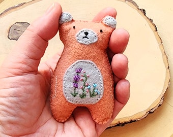 Salmon Brown Flower Forest Bear Worry Doll with Lavender Buds