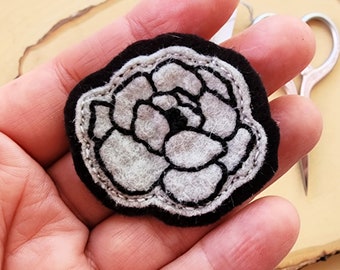 Handmade Hand Stitched Embroidered Black and Grey Peony Patch