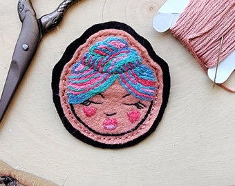 Hand Stitched Embroidered Girl with Braids Patch Pin Brooch