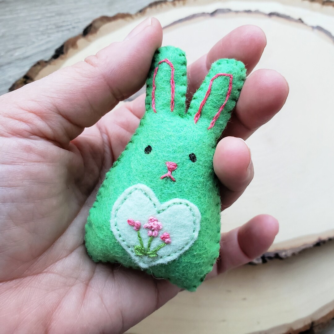 Little Green Love Bunny With Pink Flowers Felt Hand Stitched Rabbit ...