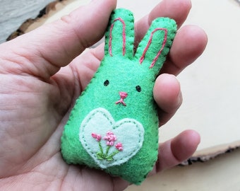 Little Green Love Bunny with Pink Flowers Felt Hand Stitched Rabbit Worry Doll Stuffed with Lavender and Fluff