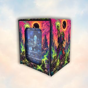May include: A rectangular deck box for trading cards featuring a vibrant, psychedelic illustration of a figure holding a glowing skull amidst a landscape of skulls and jagged structures under a dark eclipse, with a clear window displaying a card.