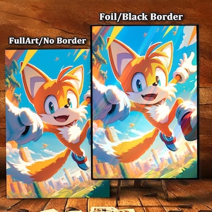 May include: Two framed art prints featuring a cartoon fox character with orange fur, blue eyes, and white gloves. The character is depicted mid-air against a cityscape and blue sky background. One print has a black border, the other does not. Text on the top reads "Foil/Black Border" and "FullArt/No Border".