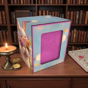 May include: A decorative box with a sky blue and pink design. The box features a smiling white rabbit holding flowers on one side. The front has a pink interior with a light blue frame. A lit candle and a book are on the table.