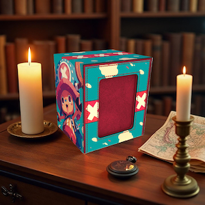 May include: A teal box with a cartoon character illustration, red accents, and white stitching sits on a wooden table. Two lit candles and a pocket watch are also on the table. A map and a brass candle holder are also visible.