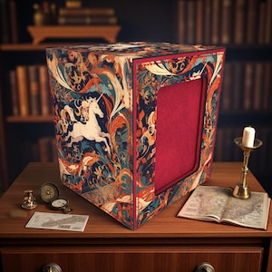 Puede incluir: Una caja decorativa con un diseño de tapiz que presenta un unicornio blanco, patrones florales azules, naranjas y dorados. La caja tiene un interior rojo y está colocada sobre una superficie de madera con una vela y un mapa.