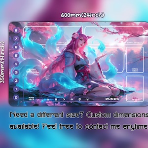May include: A gaming mousepad featuring a fantasy illustration of a woman with pink hair and fox ears, surrounded by blue and pink energy. The mat is 24 inches wide and 14 inches tall, with designated zones for gameplay.