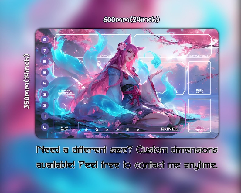 May include: A gaming mousepad featuring a fantasy illustration of a woman with pink hair and fox ears, surrounded by blue and pink energy. The mat is 24 inches wide and 14 inches tall, with designated zones for gameplay.