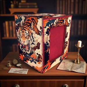 Könnte beinhalten: Eine dekorative Box mit einem auffälligen Tiger-Design. Die Box hat ein rotes Innere und ist mit orangefarbenen, weißen und blauen Wellenmustern verziert. Sie steht auf einer Holzoberfläche mit einer Kerze und einer Karte.