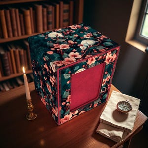May include: A decorative box with a floral pattern in teal, pink, and white, featuring two white mice. The box has a red interior and a framed opening. A lit candle and a pocket watch on a stack of linen are nearby.