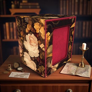 May include: A decorative box with a floral pattern featuring large white and pink roses, yellow flowers, and green leaves. The box has a red interior and is trimmed with red stitching. It sits on a wooden table with a map, compass, and candle.