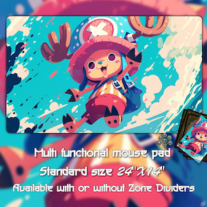 May include: A rectangular mouse mat featuring a cartoon character in a red hat and blue outfit against a blue and white background. The mouse mat is 61 cm by 36 cm. The text on the mat reads "Multi functional mouse pad" and "Standard size 24"x14".