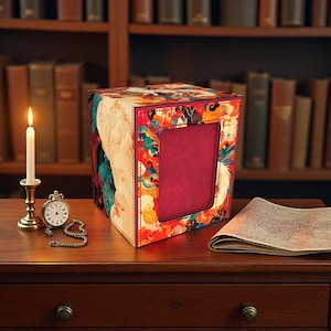 May include: A decorative box with a red interior and a colorful exterior design featuring floral and abstract patterns. A lit candle in a gold holder, a pocket watch, and a map are on a wooden table in front of a bookshelf.