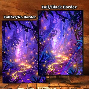 May include: Two art prints showcasing a vibrant, fantasy forest scene. The artwork features a path illuminated by golden lights, surrounded by lush, purple and blue foliage. One print has a black border, the other does not.