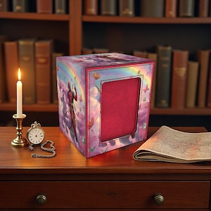 May include: A decorative box with a red interior and a colorful exterior featuring a rainbow, clouds, and a superhero. A lit candle, a pocket watch, and a map rest on a wooden table.