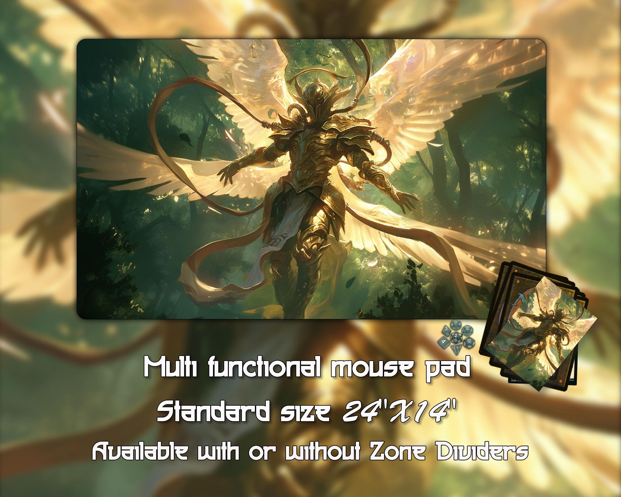 MTG Playmat, Golden Angelic Warrior Trading Card Game, Custom Zones (24"x14")