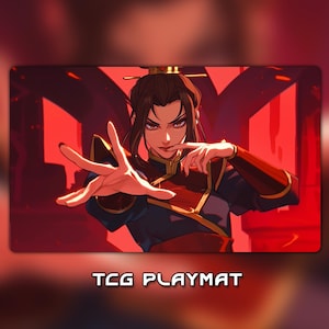 May include: A rectangular TCG playmat featuring a stylized illustration of a character with dark hair and a stern expression. The character is dressed in a blue and red outfit with gold accents, set against a red background. The text "TCG PLAYMAT" is at the bottom.