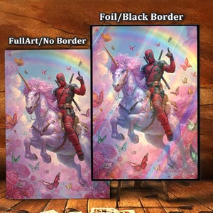 May include: Two art prints featuring a superhero riding a unicorn through a colorful, whimsical scene. One print has a black border, the other does not. The prints include butterflies and a rainbow.