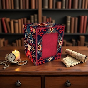 Puede incluir: Una caja decorativa con interior rojo y exterior estampado con diseños florales y geométricos en azul marino, rojo y crema. Una vela encendida, un reloj de bolsillo y un mapa enrollado descansan sobre una superficie de madera.