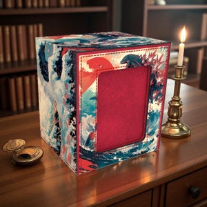 Puede incluir: Una caja decorativa con interior rojo y exterior colorido con un diseño de olas japonesas, un sol rojo y una ilustración de Godzilla. Una vela encendida en un candelabro de latón y un pequeño compacto dorado abierto están cerca.